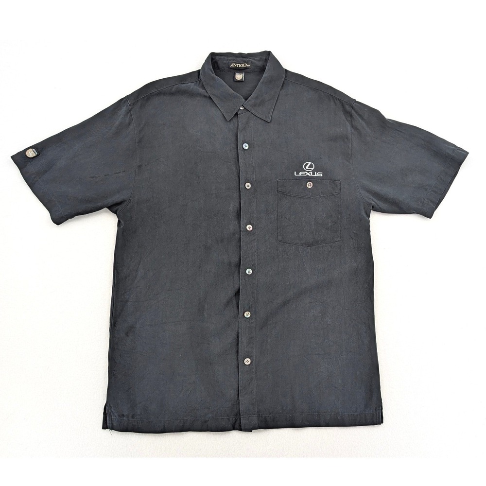 Antigua Golf Lexus 100% Silk Shirt Mens M Black Herringbone Luxury Car Logo
